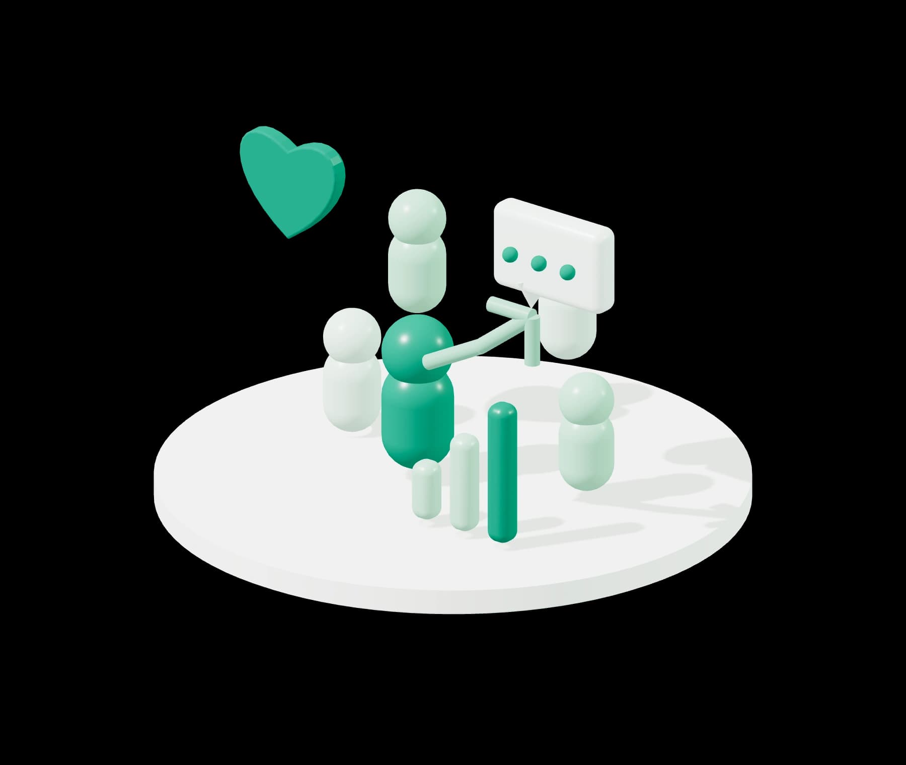A dimensional audience surrounded by a heart, conversation bubble and rising results bars